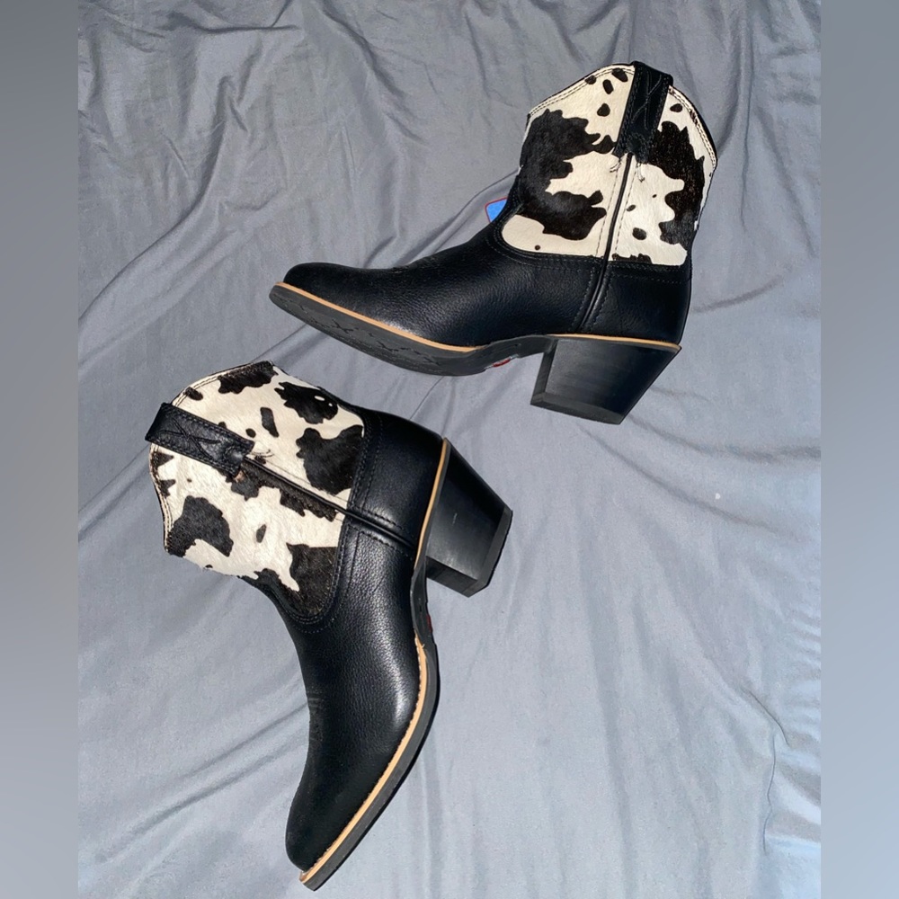 cowprint heeled booties